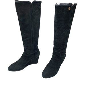 TORY BURCH Irene Black Suede Round Toe Rear‎ Zip Wedge Tall Boots